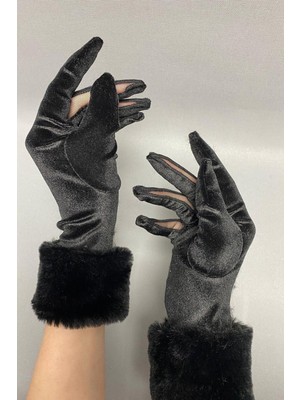 Hayalperest Boncuk Siyah Ipek Kadife Kürklü Eldiven