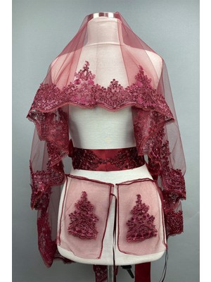 Hayalperest Boncuk Bordo Alisa Pullu Gelin Duvağı Kına Yüz Örtüsü