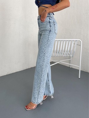 Kadın Yanları Taşlı Palazzo Kot Pantolon Buz Mavi