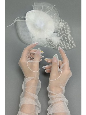 Hayalperest Boncuk Uzun Tüllü Gelin Eldiveni ve Puantiyeli Şapkası