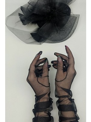 Hayalperest Boncuk Siyah Uzun Tüllü Gelin Eldiveni ve Şapkası