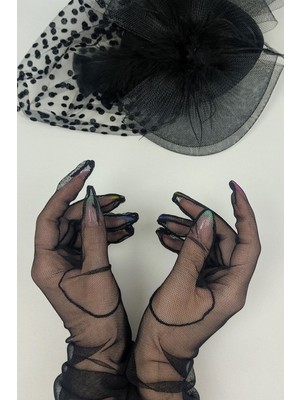 Hayalperest Boncuk Siyah Uzun Tüllü Gelin Eldiveni ve Puantiyeli Şapkası