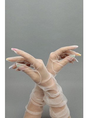 Hayalperest Boncuk Beyaz Uzun Tüllü Gelin Eldiveni