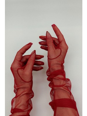 Hayalperest Boncuk Kırmızı Uzun Tüllü Gelin Eldiveni ve Şapkası