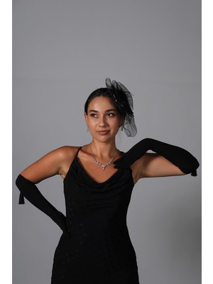 Hayalperest Boncuk Likralı Sendi Kumaş Püsküllü Uzun Eldiven ve Düz Vualet Nikah Şapkası