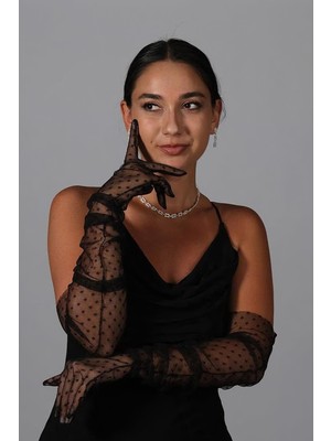 Hayalperest Boncuk Puantiyeli Uzun Parti Kostüm Gelin Tül Eldiveni