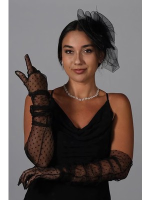 Hayalperest Boncuk Puantiyeli Uzun Parti Kostüm Tül Eldiveni ve Düz Vualet Şapka Set