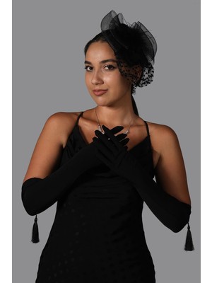 Hayalperest Boncuk Likralı Sendi Kumaş Püsküllü Uzun Eldiven ve Vualet Nikah Şapkası