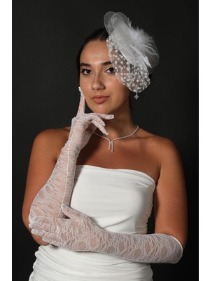 Hayalperest Boncuk Likralı Dantel Uzun Gelin Eldiveni ve Vualet Nikah Şapkası