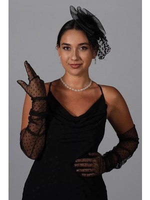 Hayalperest Boncuk Puantiyeli Uzun Parti Kostüm Tül Eldiveni ve Vualet Şapka Set