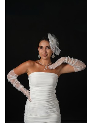 Hayalperest Boncuk Puantiyeli Uzun Parti Kostüm Gelin Tül Eldiveni ve Düz Vualet Şapka Set