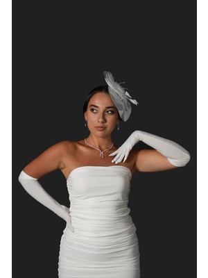 Hayalperest Boncuk Likralı Sendi Kumaş Uzun Eldiven ve Düz Vualet Nikah Şapkası