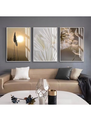 kabartmasız Çiçekler Kombini  |çerçeveli Cam Tablo  3lü Dikey