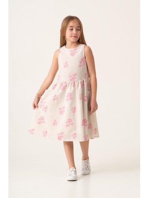 Kız Çocuk Keten Ekru Çiçek Desenli Elbise - Yazlık Şıklık