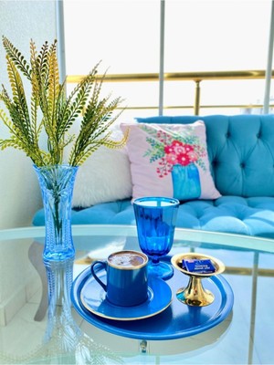 Metal Mavi Tek Kişilik Dekoratif Çay, Kahve ve Pasta Servisi Sunum Tepsisi 23 cm