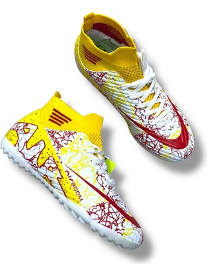 Laliga Çoraplı Airboom Halısaha Ayakkabı Beyaz Sarı Kırmızı Desenli