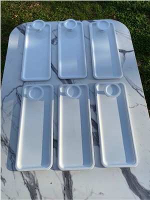 2 Model 6'lı Beyaz Baton Tepsi ve 6'lı Beyaz Makaronluk, Kahve ve Pasta Servisi Sunum Tepsisi