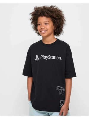 Playstation Yazı  Baskılı Bisiklet Yaka  Siyah T-Shirt