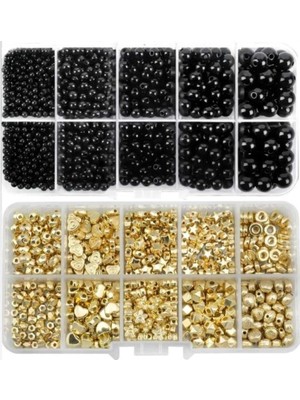 Yiğit Aksesuar Siyah İnci Boncuk Ve Gold Ara Aparat Kutulu Takı Yapım Seti