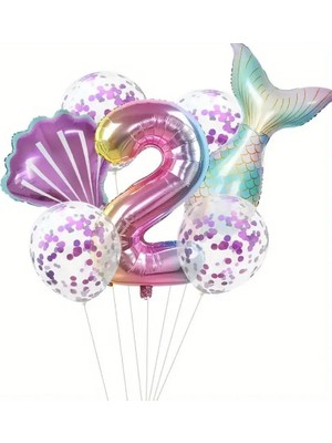 Deniz Kızı Kuyruğu Mor Konfetili 2 Yaş Folyo Balon Set