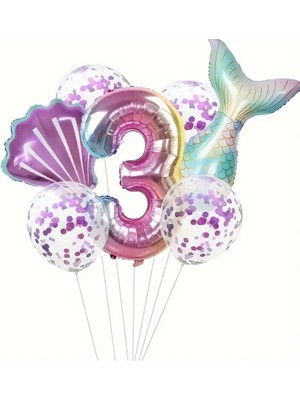 Deniz Kızı Kuyruğu Mor Konfetili 3 Yaş Folyo Balon Set