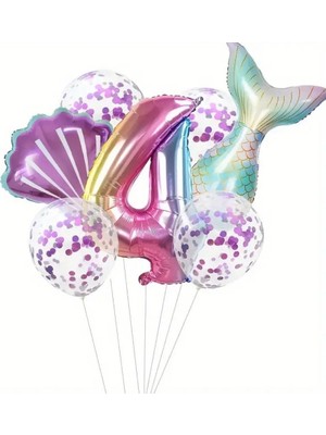 Deniz Kızı Kuyruğu Mor Konfetili 4 Yaş Folyo Balon Set
