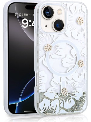 Kip GSM Iphone 15 Uyumlu Kılıf Çiçek Desenli Içi Hareketli Sıvılı Simli Şeffaf Magsafe Destekli Kapak