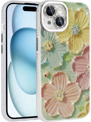 Kip GSM Iphone 15 Uyumlu Kılıf Çiçek Desenli Parlak Taşlı Kamera Lensleri Simli Kapak