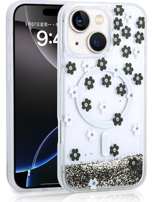 Kip GSM Iphone 15 Uyumlu Kılıf Çiçek Desenli Içi Hareketli Sıvılı Simli Şeffaf Magsafe Destekli Kapak