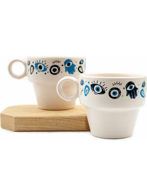 Nazar Boncuğu & Hamsa Temalı 2'li Espresso Bardak Seti - Hediye Seramik Fincan