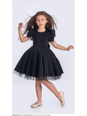 Kız Çocuk Özel Gün Simli Abiye Elbise 167372 Siyah