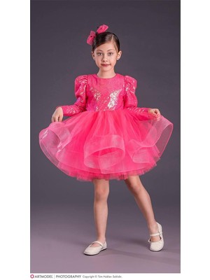 Kız Çocuk Pullu Özel Gün Elbise Abiye 1660-61 Pembe