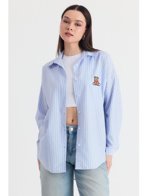 Mavi Ayıcık Nakışlı Oversize Gömlek 4689A