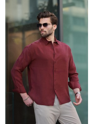 Bordo  Basic Uzun Kollu Erkek Gömlek E6762