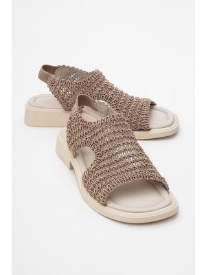Weave Koyu Bej Örme Hakiki Deri Kadın Sandalet