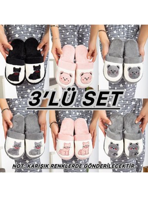 Slipcat Kadın Kedi Pati Baskılı 3'lü Kışlık Ev Terliği Renkli Konforlu Tasarım Düz Topuklu