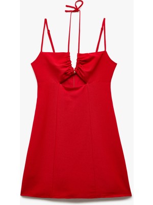 Koton Keten Karışımlı Astarlı Pencere Detaylı Drapeli Boyundan Bağlamalı Ince Askılı Mini Elbise