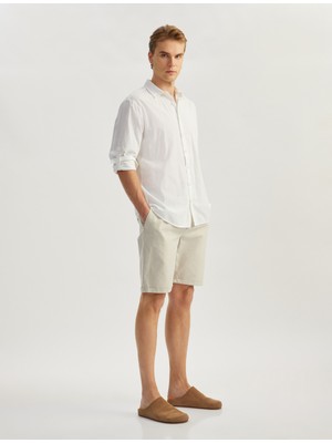 Koton Keten Karışımlı Cep Detaylı Bermuda Çizgili Beli Bağcıklı Şort