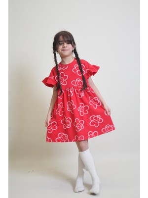 Kız Çocuk Kolları Fırfır Detaylı Rahat Kesim Elbise