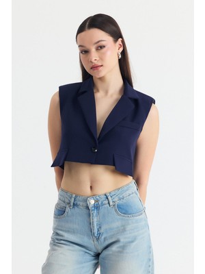 Laci Crop Vatkalı Tek Düğme Cep Detay Yelek 6929