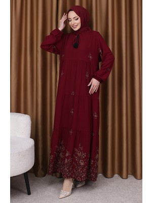 Desenli Viskon Elbise 4083-11 Bordo