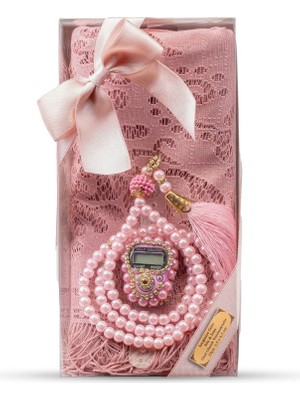 Tesbih + Dantelli Şal + Zikirmatik Hediye Seti (Kraft Asetat Kutulu, Pembe)