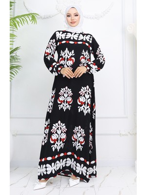 Sefa Merve Viskon Kumaş Kolu Lastikli Desenli Elbise 0046-03 Siyah