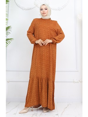 Sefa Merve Viskon Kumaş Kolu Lastikli Desenli Elbise 2015-02 Kahverengi