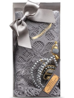 Tesbih + Dantelli Şal + Zikirmatik Hediye Seti (Kraft Asetat Kutulu, Gri)