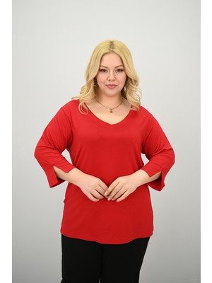 Koza Butik Kadın Büyük Beden V Yaka Bantlı Bluz Kırmızı Modern Tasarım 40-50 Beden