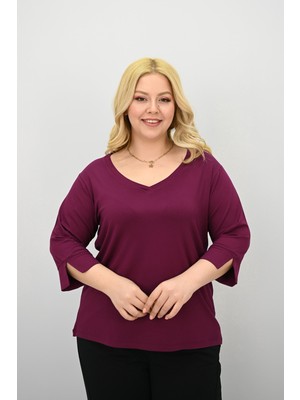 Koza Butik Kadın Büyük Beden V Yaka Bluz 1919-25 Düz Desenli Truvakar Kol