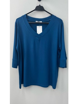 Koza Butik Kadın Lacivert Büyük Beden V Yaka Bantlı Truvakar Kol Bluz 1919-25 Şık ve Rahat