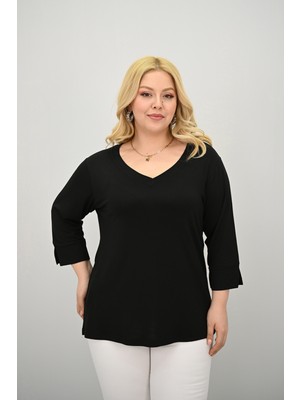 Koza Butik Kadın Büyük Beden Bantlı V Yaka Bluz 1919-25 Şık Siyah Tasarım Özellikleriyle