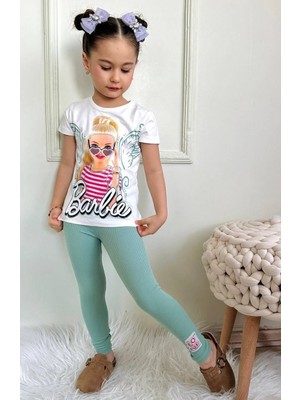3 Iplik Dokuma Pamuk Kumaş Trend Baskılı T-Shirt & Dokuma Taytlı Kız Çocuk Alt Üst Takım